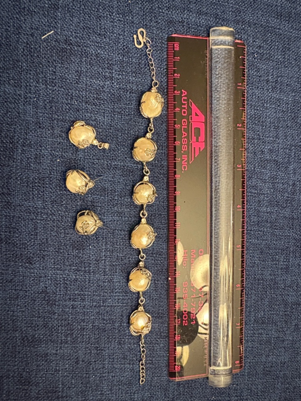 Silver Tone Pearl Link Bracelet and Earring Set